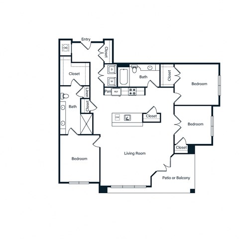 Floor plan for 3 beds, 2 baths, 1320 sqft